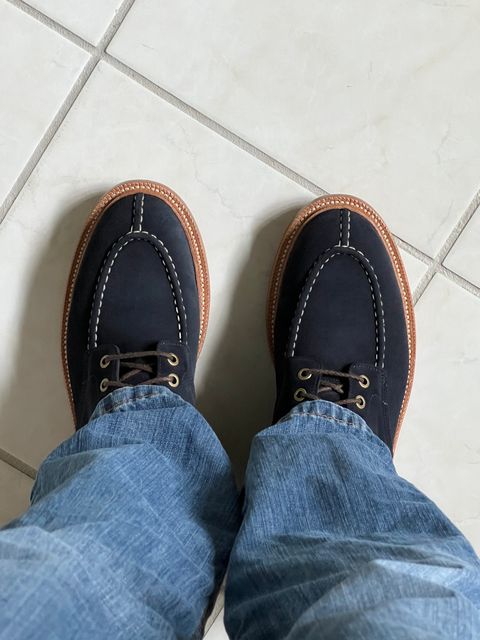 Photo by HeritageWearingPatriot on September 10, 2023 of the Grant Stone Ottawa Boot in C.F. Stead Navy Blue Janus Calf Suede.