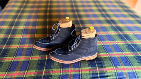 Photo by HeritageWearingPatriot on October 30, 2024 of the Grant Stone Ottawa Boot in C.F. Stead Navy Blue Janus Calf Suede.