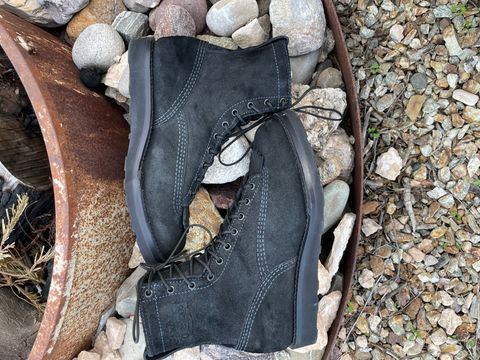 Photo by shakincheese on January 4, 2026 of the Wesco /x The Shop Black DH Service Boot in Seidel Black Oil Tan Roughout.