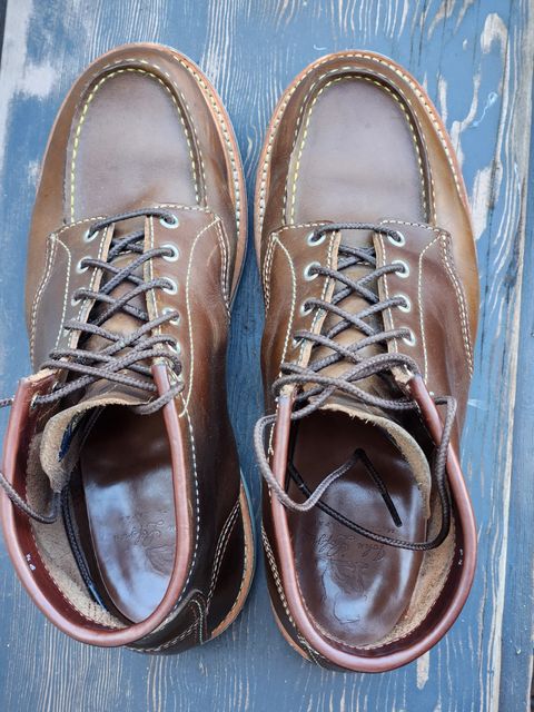 Photo by denimhound on January 5, 2023 of the John Lofgren Moc Toe Boots in Horween Olive Chromexcel.
