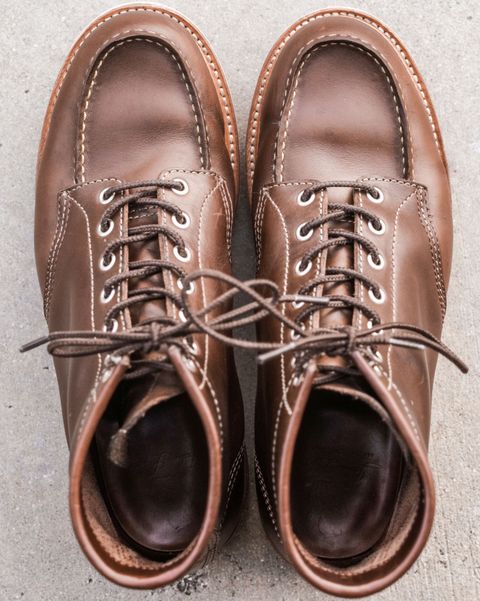 Photo by denimhound on April 5, 2023 of the John Lofgren Moc Toe Boots in Horween Olive Chromexcel.