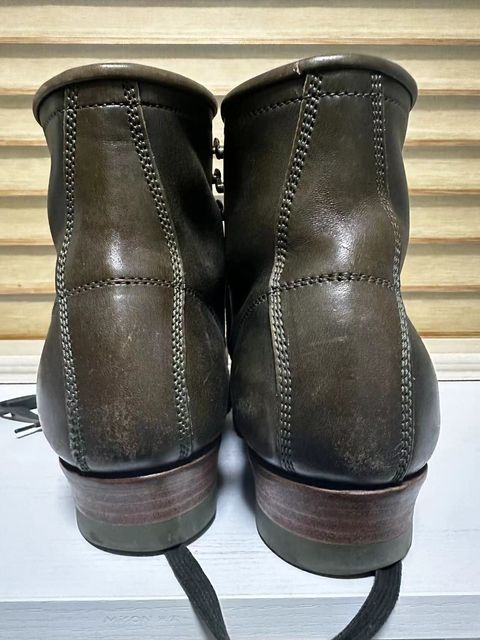 Photo by johnlovesboots on November 2, 2023 of the Flame Panda Moc Toe in Shinki Olive Oiled Horsebutt.