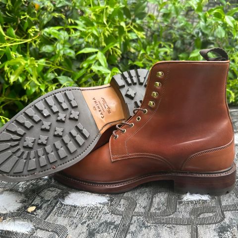 View photo of Carmina Work Boots 80791 in Horween Amaretto Shell Cordovan