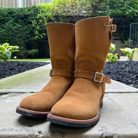 View photo of Keystone Shoe Co Biker Boots in Unknown Horween Rough Out