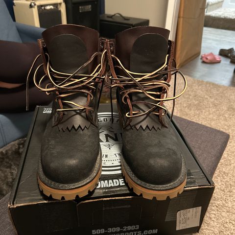 View photo of Frank's Boots Type 2 Highlander in Black Roughout Work Leather & Seidel Mocha Oil Tan