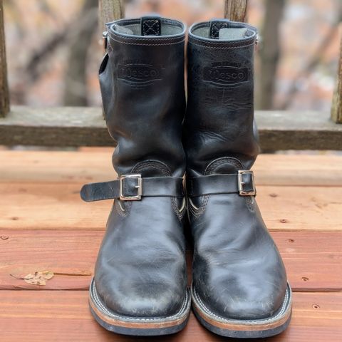 View photo of Wesco Mister Lou in Maryam Petrolio Waxed Black Horsehide