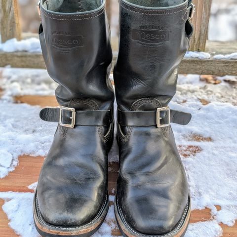 View photo of Wesco Mister Lou in Maryam Petrolio Waxed Black Horsehide