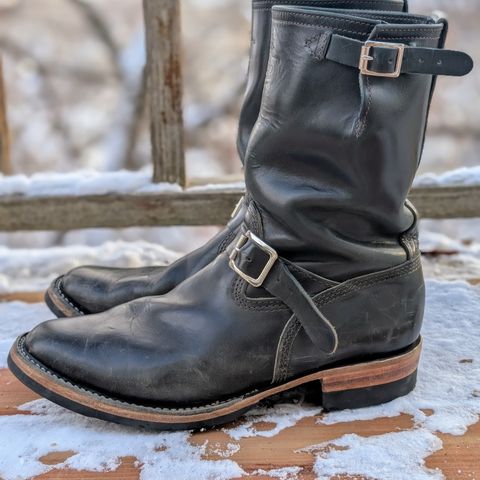 View photo of Wesco Mister Lou in Maryam Petrolio Waxed Black Horsehide