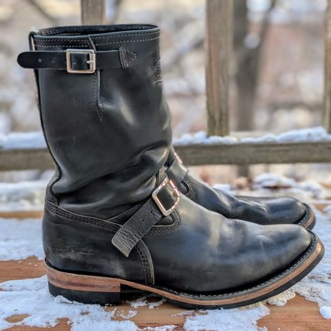 View photo of Wesco Mister Lou in Maryam Petrolio Waxed Black Horsehide