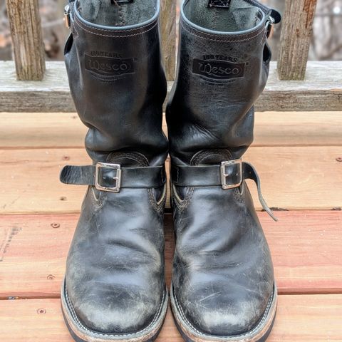 View photo of Wesco Mister Lou in Maryam Petrolio Waxed Black Horsehide