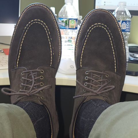 Grant Stone Moc Toe Derby in C.F. Stead Espresso Repello Calf Suede