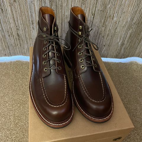 View photo of Grant Stone Brass Boot in Horween Crimson Chromexcel