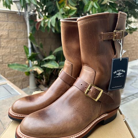 View photo of The Flat Head Engineer Boots in Horween Natural Chromexcel