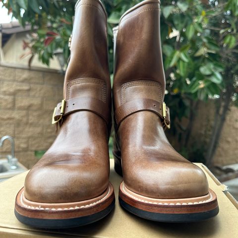 View photo of The Flat Head Engineer Boots in Horween Natural Chromexcel
