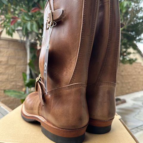 View photo of The Flat Head Engineer Boots in Horween Natural Chromexcel