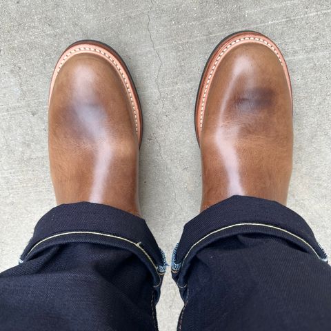 View photo of The Flat Head Engineer Boots in Horween Natural Chromexcel