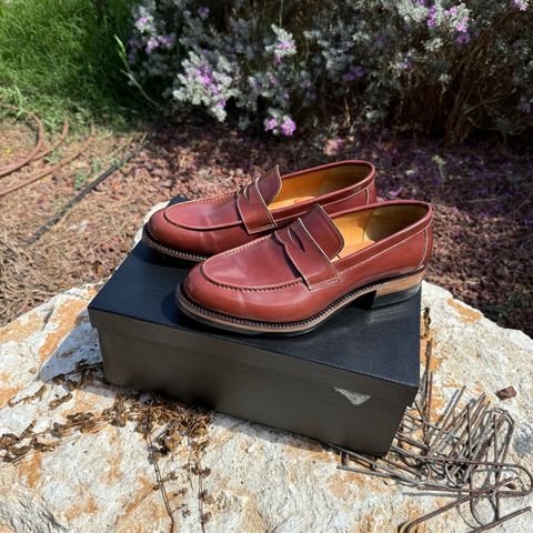 View photo of Kiattoko Penny Loafers in Shinki Cognac Shell Cordovan