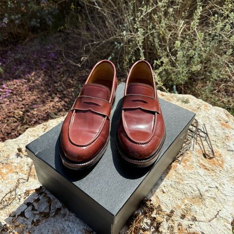 View photo of Kiattoko Penny Loafers in Shinki Cognac Shell Cordovan