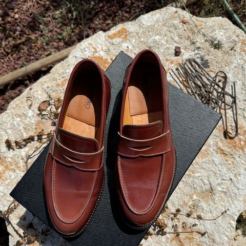 View photo of Kiattoko Penny Loafers in Shinki Cognac Shell Cordovan