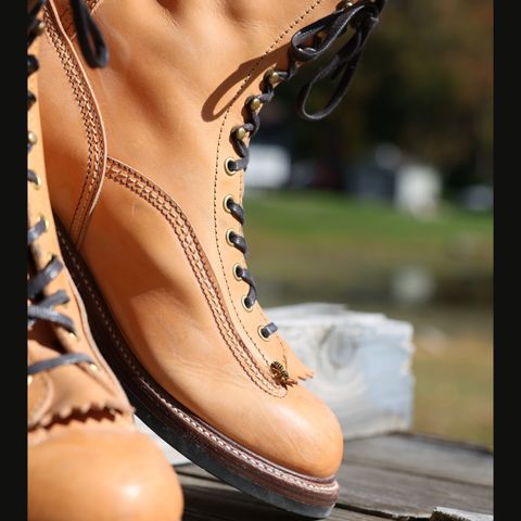 View photo of John Lofgren Donkey Puncher Boots in Badalassi Carlo Vegetable Tanned