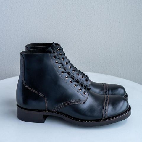 View photo of Nova Boots 40s Munson Combat Boots in Maryam Black Waxed Horsebutt