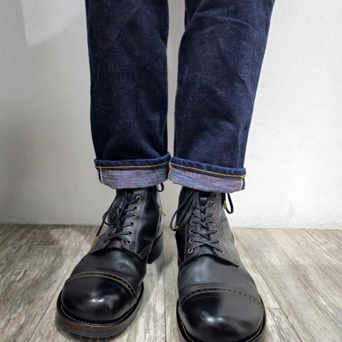 View photo of Nova Boots 40s Munson Combat Boots in Maryam Black Waxed Horsebutt