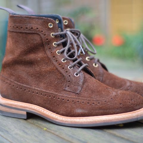 Tricker's Simon Longwing Brogue Boot in C.F. Stead Ridge Waxed Reverse Suede