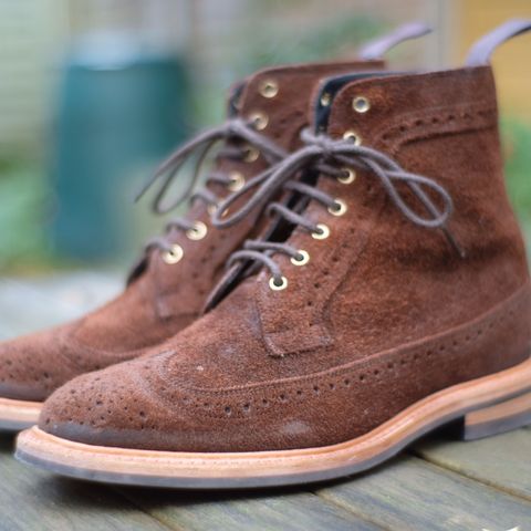 Tricker's Simon Longwing Brogue Boot in C.F. Stead Ridge Waxed Reverse Suede