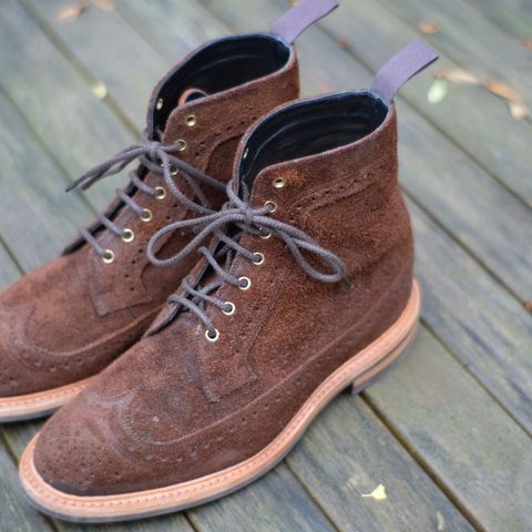Tricker's Simon Longwing Brogue Boot in C.F. Stead Ridge Waxed Reverse Suede