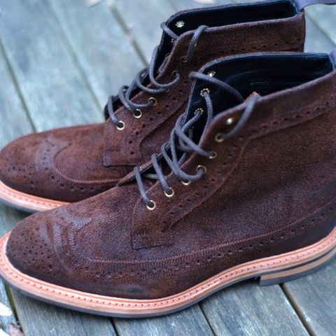 Tricker's Simon Longwing Brogue Boot in C.F. Stead Ridge Waxed Reverse Suede