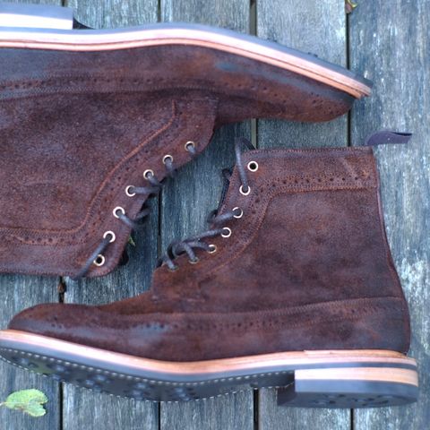 Tricker's Simon Longwing Brogue Boot in C.F. Stead Ridge Waxed Reverse Suede