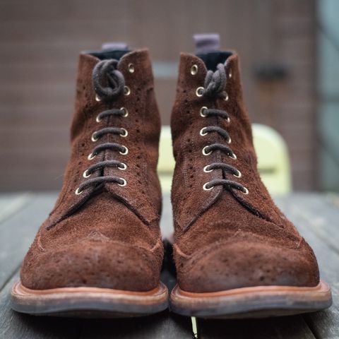 Tricker's Simon Longwing Brogue Boot in C.F. Stead Ridge Waxed Reverse Suede