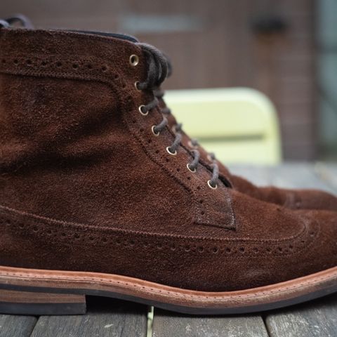 Tricker's Simon Longwing Brogue Boot in C.F. Stead Ridge Waxed Reverse Suede