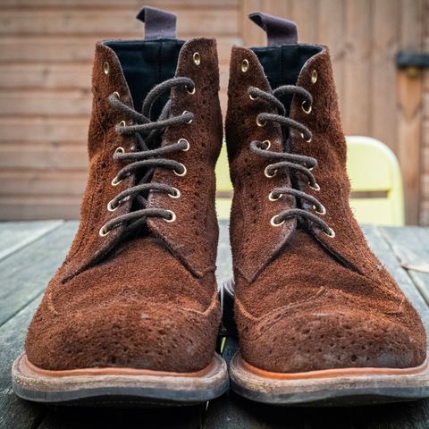 Tricker's Simon Longwing Brogue Boot in C.F. Stead Ridge Waxed Reverse Suede