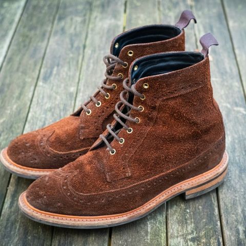 Tricker's Simon Longwing Brogue Boot in C.F. Stead Ridge Waxed Reverse Suede
