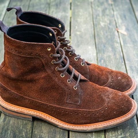 Tricker's Simon Longwing Brogue Boot in C.F. Stead Ridge Waxed Reverse Suede
