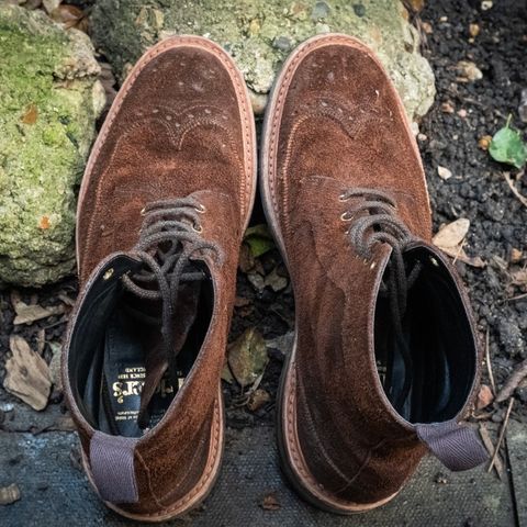 Tricker's Simon Longwing Brogue Boot in C.F. Stead Ridge Waxed Reverse Suede