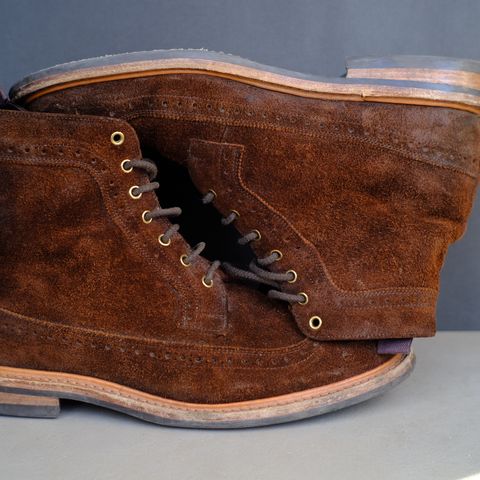 Tricker's Simon Longwing Brogue Boot in C.F. Stead Ridge Waxed Reverse Suede
