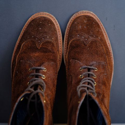 Tricker's Simon Longwing Brogue Boot in C.F. Stead Ridge Waxed Reverse Suede