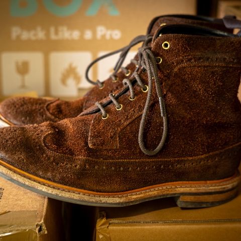 Tricker's Simon Longwing Brogue Boot in C.F. Stead Ridge Waxed Reverse Suede