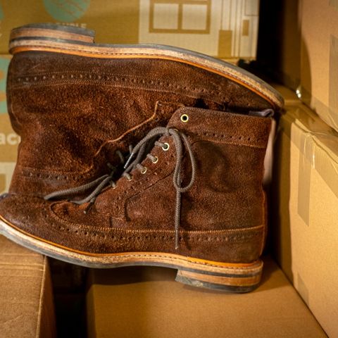 Tricker's Simon Longwing Brogue Boot in C.F. Stead Ridge Waxed Reverse Suede