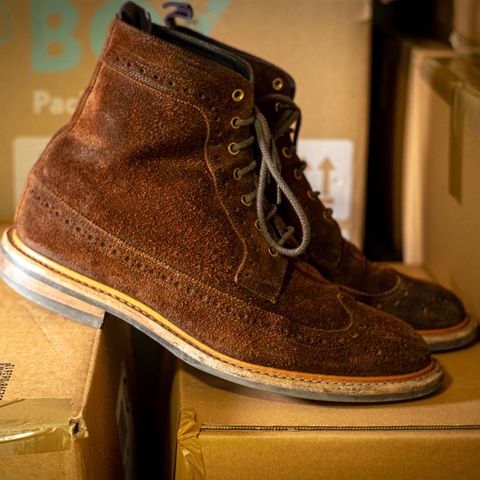Tricker's Simon Longwing Brogue Boot in C.F. Stead Ridge Waxed Reverse Suede