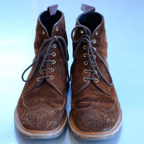 Tricker's Simon Longwing Brogue Boot in C.F. Stead Ridge Waxed Reverse Suede