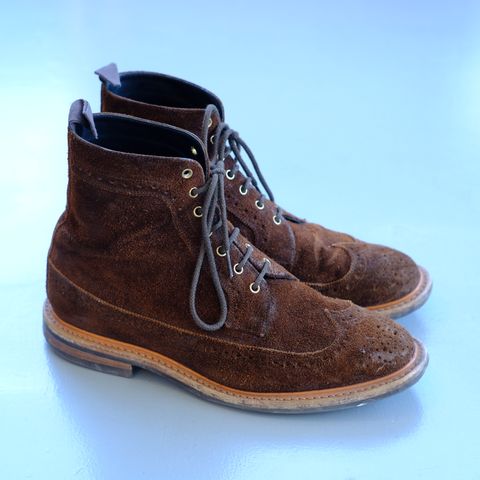 Tricker's Simon Longwing Brogue Boot in C.F. Stead Ridge Waxed Reverse Suede