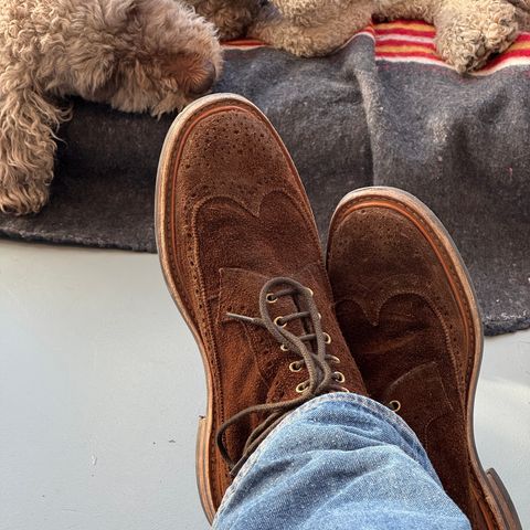 Tricker's Simon Longwing Brogue Boot in C.F. Stead Ridge Waxed Reverse Suede