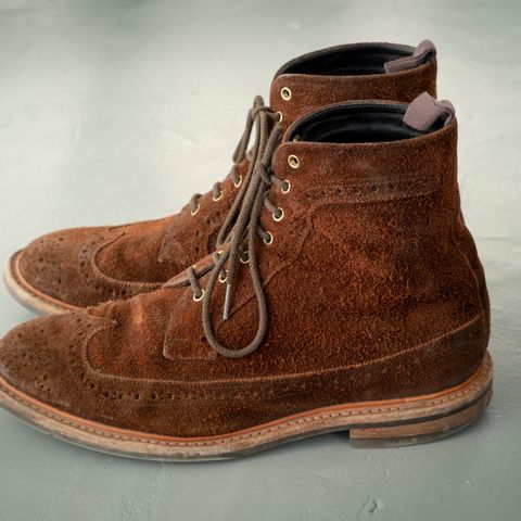 Tricker's Simon Longwing Brogue Boot in C.F. Stead Ridge Waxed Reverse Suede