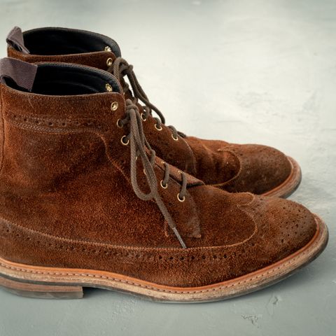 Tricker's Simon Longwing Brogue Boot in C.F. Stead Ridge Waxed Reverse Suede