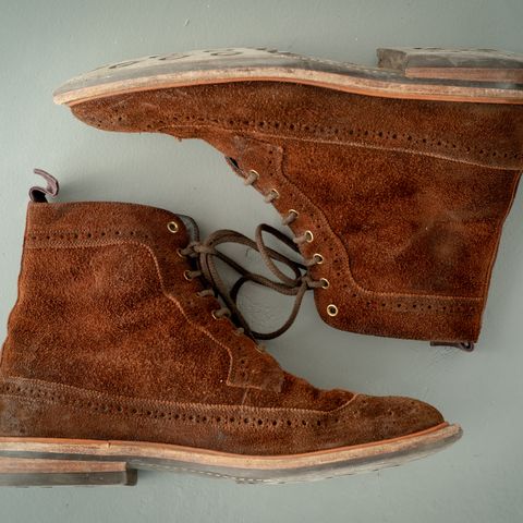 Tricker's Simon Longwing Brogue Boot in C.F. Stead Ridge Waxed Reverse Suede