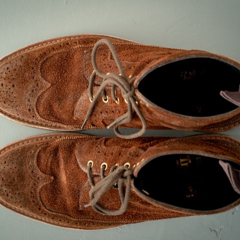 Tricker's Simon Longwing Brogue Boot in C.F. Stead Ridge Waxed Reverse Suede