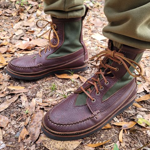 Easymoc Rangeley Boot in Seidel Chocolate Grizzly & Martexin Green Waxed Canvas